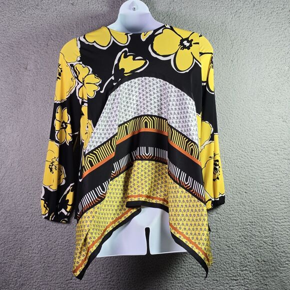 MSK Dopamine Tunic Roomy Yellow Floral Patchwork Jersey High Low Statement Flowy - Picture 3 of 16
